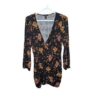 Forever 21 Long Sleeve Floral Wrap Dress Womens Size Large Black and Yellow